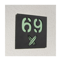 Plaque numéro de maison adhésive personnalisée motif surf vert et noir mat